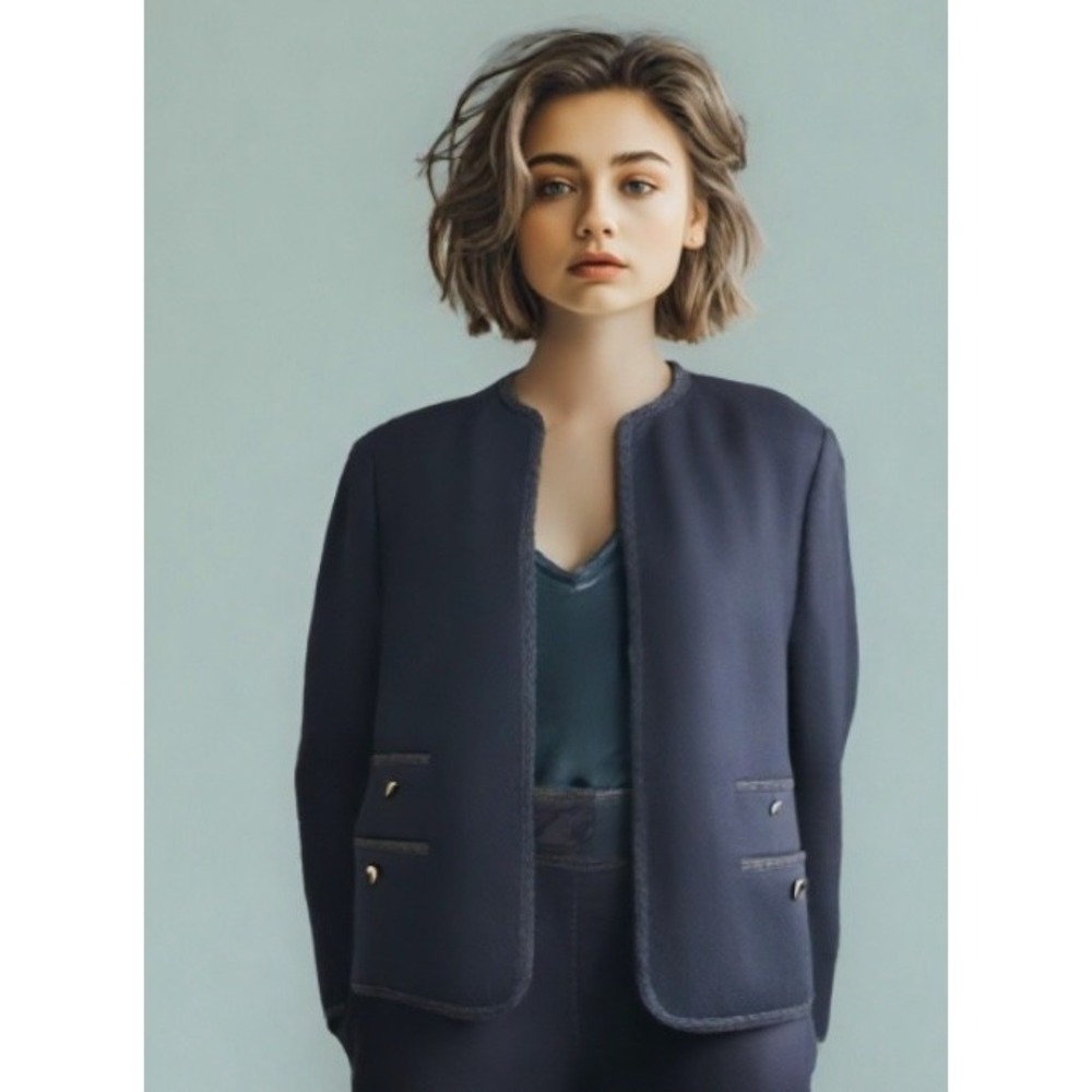 90s Evan Picone Herringbone Wool Blazer Jacket Open Black Size Large 10 EUC